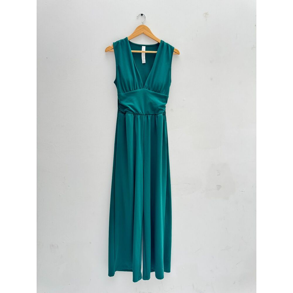 Halara Teal Wide Leg Jumpsuit Deep V Open Back Size M